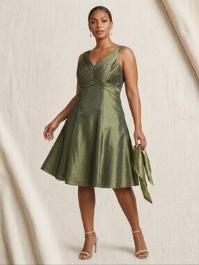 JS Boutique Olive Green V-Neck Pleated Fit & Flare Cocktail Dress Size 12